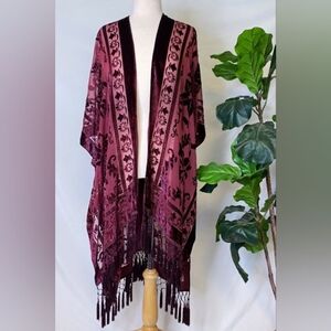 1-0113 *Boutique* Burnout Bohemian Velvet Kimono Coverup Glam with Fringe Tassel